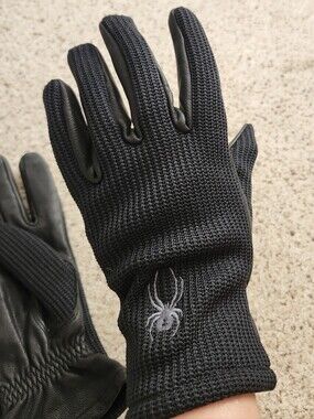 Spyder Black Leather Knit-Panel Gloves
